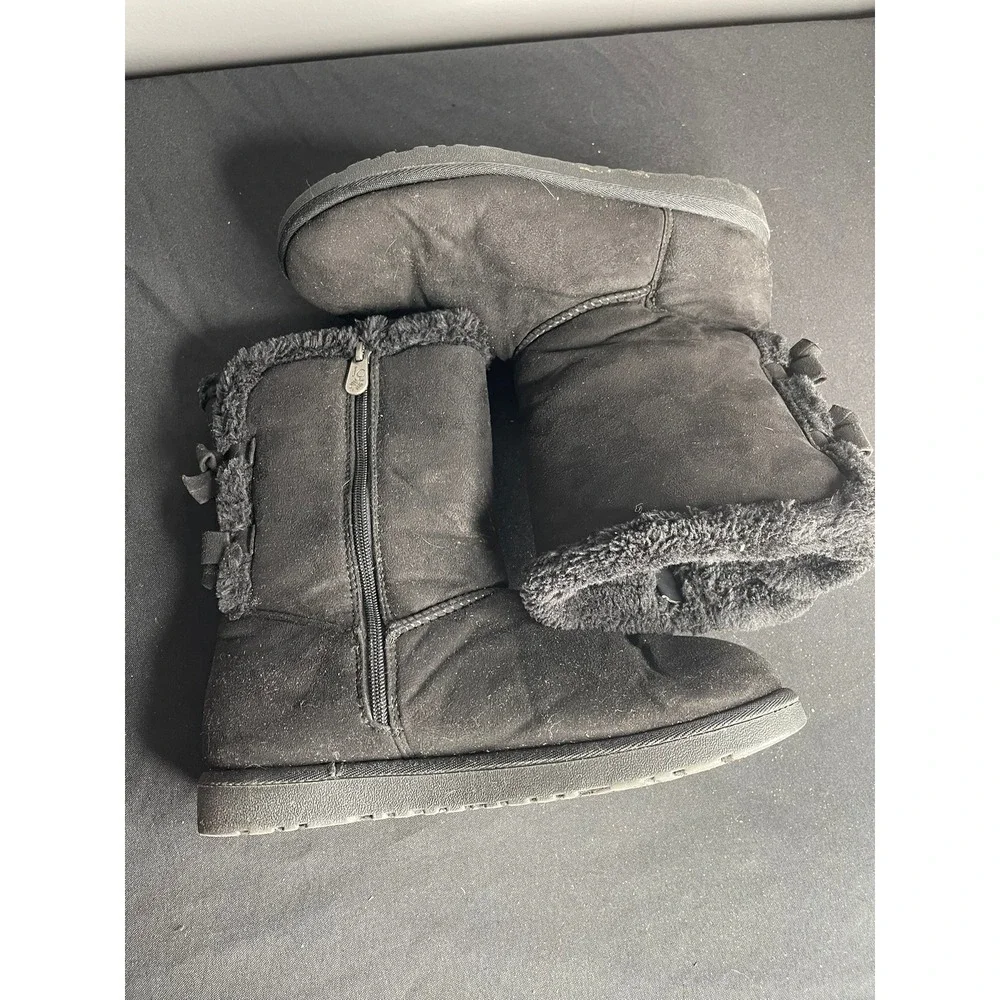 Jessica Cline Pacer Black Faux Suede Fur Trim Bow Mid Calf Boots Womens 9M